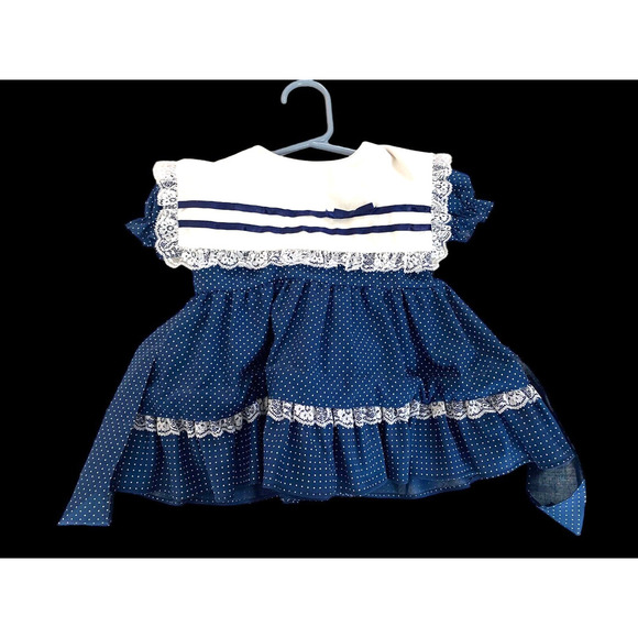 Vintage Sailor Dress Baby Girls Size 18M Blue White Peter Pan Collar Swing Skirt - Picture 1 of 10
